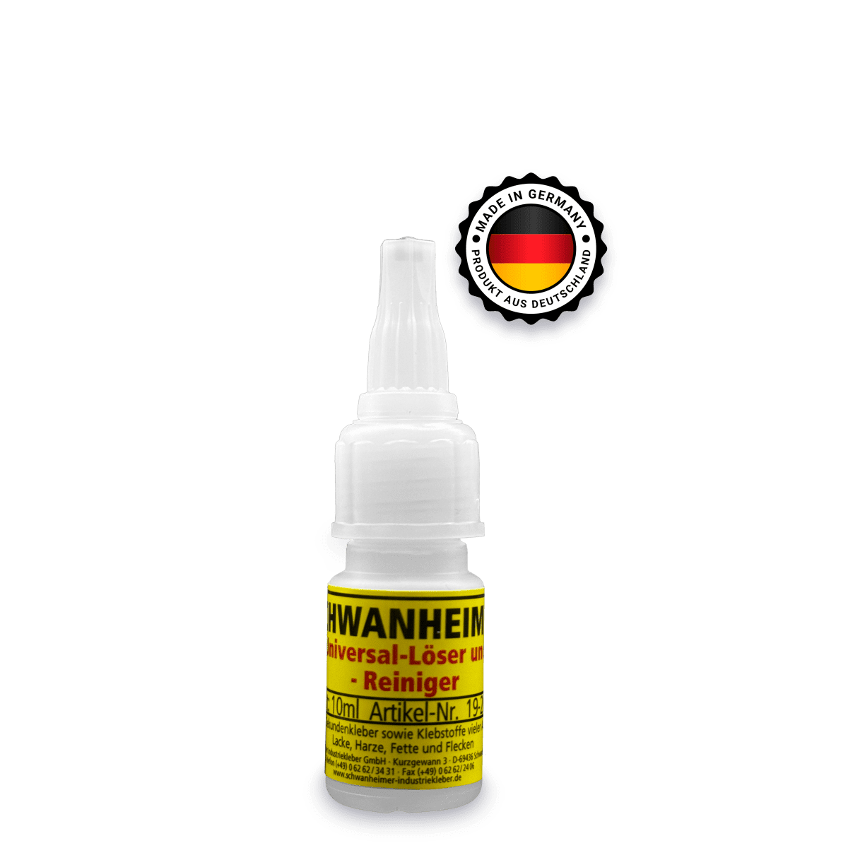 Schwanheimer Universal-Löser und Reiniger 10ml - extra starker Klebstoffentferner & Fleckenentferner - für die schnelle & schonende Entfernung von getrocknetem Klebstoff und hartnäckigen Flecken Schwanheimer Universal - Löser und Reiniger - extra starker Klebstoffentferner & Fleckenentferner - für die schnelle & schonende Entfernung von getrocknetem Klebstoff bzw. hartnäckigen Flecken - KleberKompass