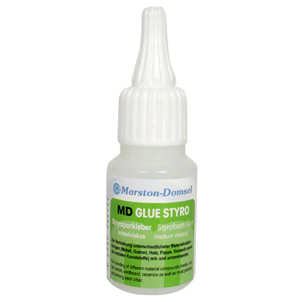 MD-GLUE STYRO - Cyanacrylat-Sekundenkleber - für Styropor & geschäumte Kunststoffe - 20g Flasche