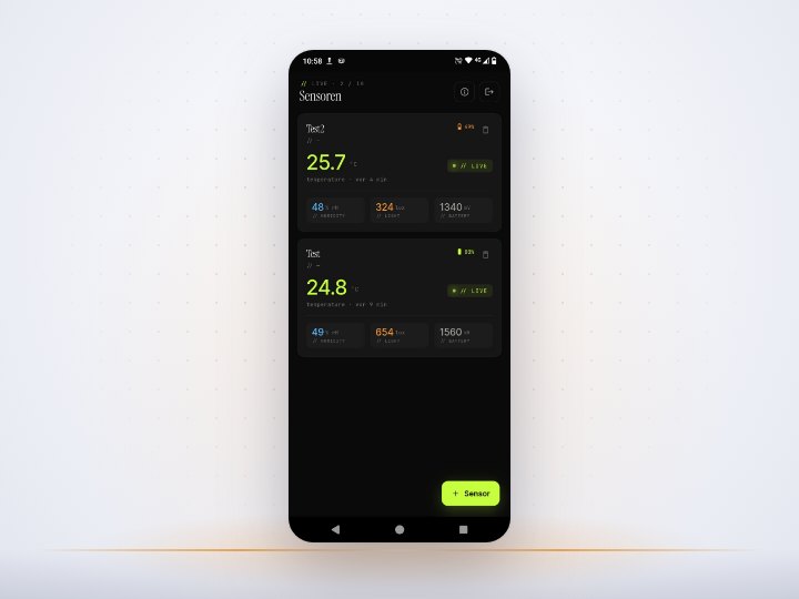 App LoRaWAN-Dashboard: Sensorliste mit Temperatur, Luftfeuchte, Helligkeit und Batteriestand