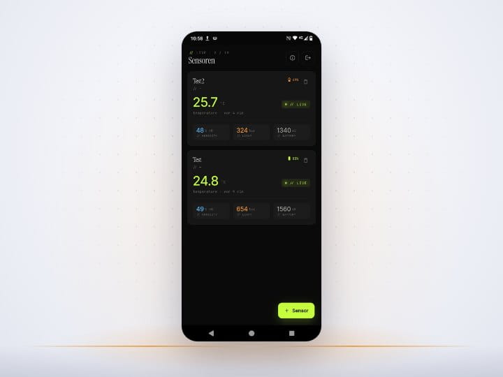 App LoRaWAN-Dashboard: Sensorliste mit Temperatur, Luftfeuchte, Helligkeit und Batteriestand App LoRaWAN-Dashboard: Sensorliste mit Temperatur, Luftfeuchte, Helligkeit und Batteriestand