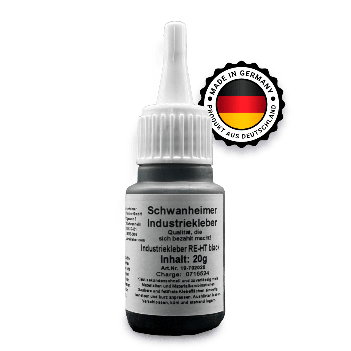Schwanheimer Industriekleber RE-HT Black 20g (Hochviskos/ Restelastisch/ Schwarz) - hitzebeständig bis 140°C, flexibel & wasserfest - extra starker lösungsmittelfreier Cyanacrylat Sekundenkleber für Kunststoff, Glas, Metall, Leder, Schuhe uvm. Schwanheimer Industriekleber RE - HT - hitzebeständig bis 140°C, flexibel & wasserfest - extra starker Cyanacrylat Sekundenkleber für Kunststoff, Glas, Metall, Leder, Schuhe uvm. (Hochviskos/ Schwarz) - KleberKompass