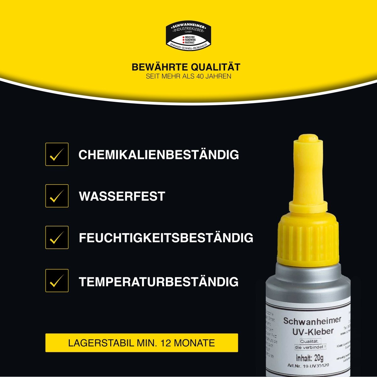 Schwanheimer UV Kleber 20g (Mittelviskos / Glasklar) - extra Stark, kurze Härtezeiten & exakte Verarbeitung - glasklarer UV Kleber für Verbindungen mit Glas oder Acryglas z.B. Metall-Glas, Acrylglas-Kunstoff uvm. Schwanheimer UV Kleber 20g (Mittelviskos / Glasklar) - extra Stark, kurze Härtezeiten & exakte Verarbeitung - glasklarer UV Kleber für Verbindungen mit Glas oder Acryglas z.B. Metall-Glas, Acrylglas-Kunstoff uvm.