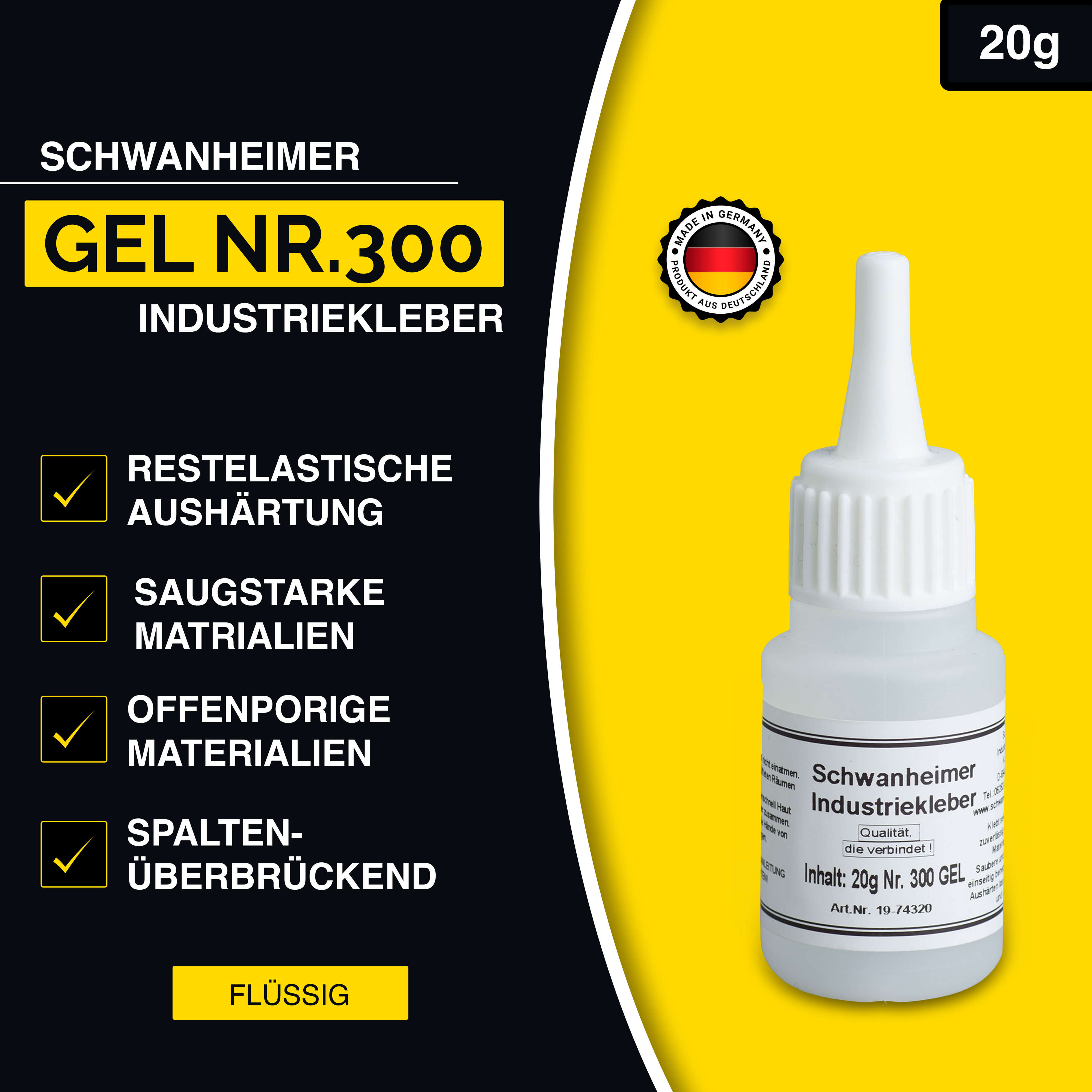 Schwanheimer Industriekleber Gel Nr.300 20g (Mittelviskos & Glasklar) - hitzebeständig, wasserfest & spaltenüberbrückend - extra starker lösungsmittelfreier Cyanacrylat Sekundenkleber für Keramik, Porzellan, Metall, Glas uvm.