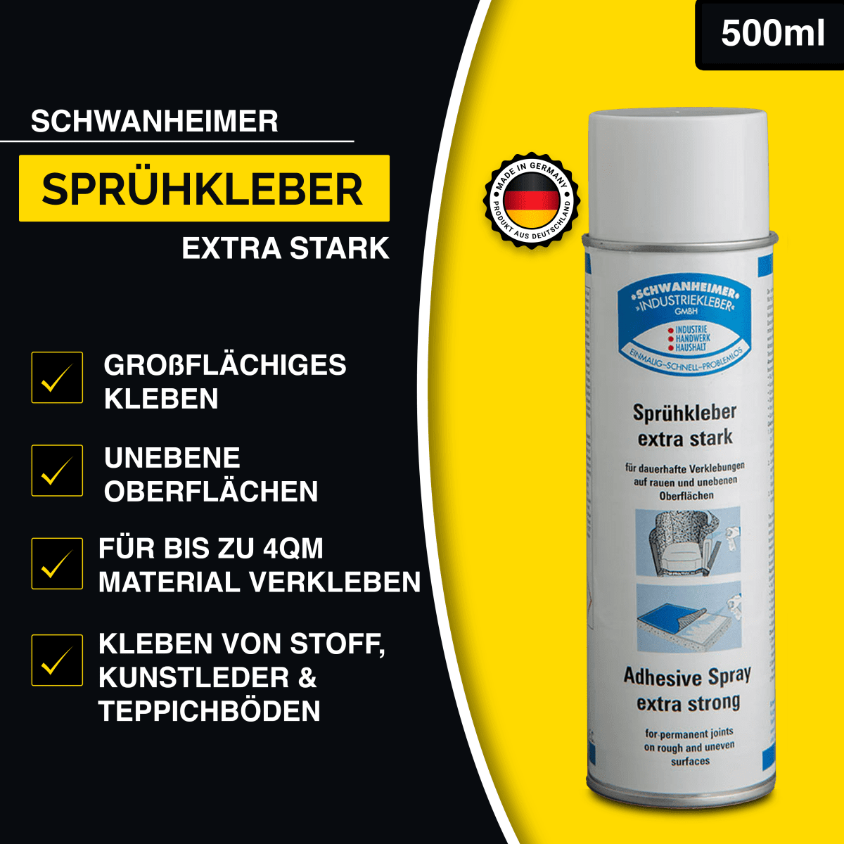 Schwanheimer Sprühkleber / 500ml (für großflächige Verklebungen) - hitzebeständig, schnelle Anhaftung & extra stark - besonders ergiebiger Sprühkleber für Stoffe, Dachhimmel, Schaumstoff, Teppich, Dämmstoffe, Venyl, Leder uvm.
