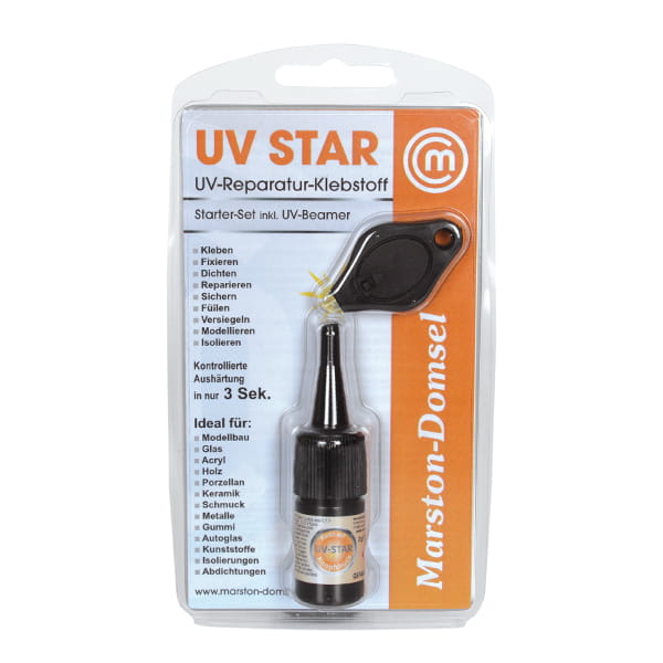 MD-UV Star Set - UV-Kleber-Set mit LED-Leuchte - sekundenschnell & transparent - 3 g Flasche + Leuchte
