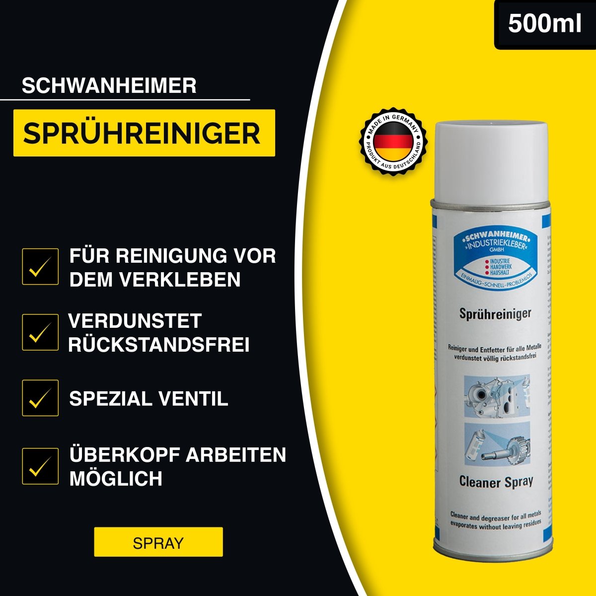 Schwanheimer Sprühreiniger 500ml (für extra starke Verklebungen) - Reinigung/ Oberflächenvorbehandlung vor dem Kleben - völlig rückstandfreie Verdunstung & Arbeiten über Kopf möglich