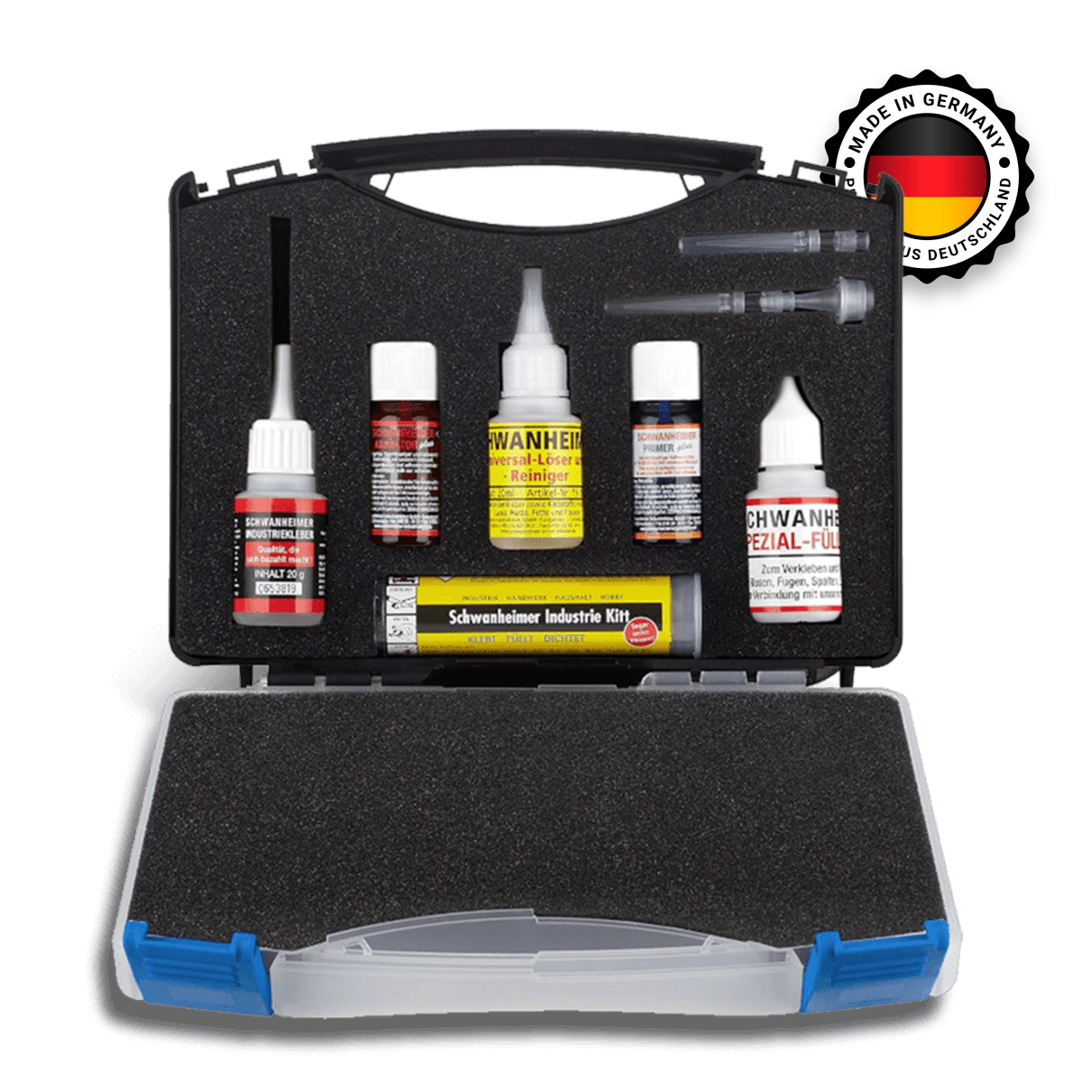 Schwanheimer XXL Klebstoff Koffer (8 - Teilig) - fÃ¼r professionelle Reparaturen jeder Art, HitzebestÃ¤ndig & Wasserfest - Industriekleber Reparatur Set im Koffer fÃ¼r Glas, Metall, Holz, Teflon, Silikon, PE, PP uvm. - KleberKompass