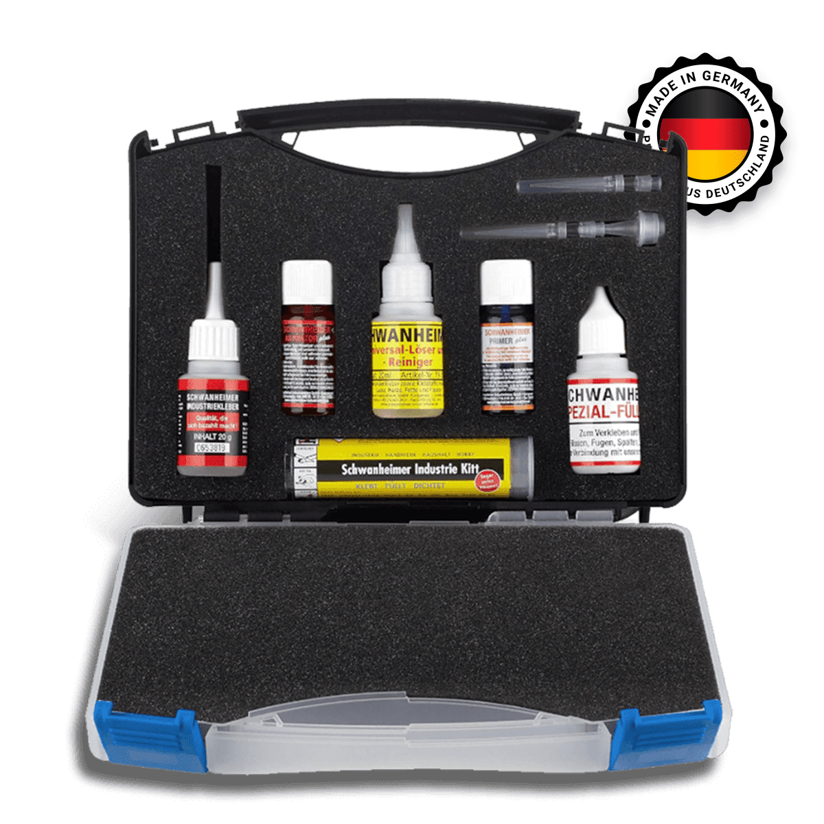 Schwanheimer XXL Klebstoff Koffer 8-Teilig (für professionelle Reparaturen & Montagen jeder Art) - hitzebeständig & wasserfest - extra starkes lösungsmittelfreies Industriekleber Reparatur Set im Koffer für Glas, Metall, Holz, Teflon, Silikon, PE, PP uvm. Schwanheimer XXL Klebstoff Koffer (8 - Teilig) - für professionelle Reparaturen jeder Art, Hitzebeständig & Wasserfest - Industriekleber Reparatur Set im Koffer für Glas, Metall, Holz, Teflon, Silikon, PE, PP uvm. - KleberKompass