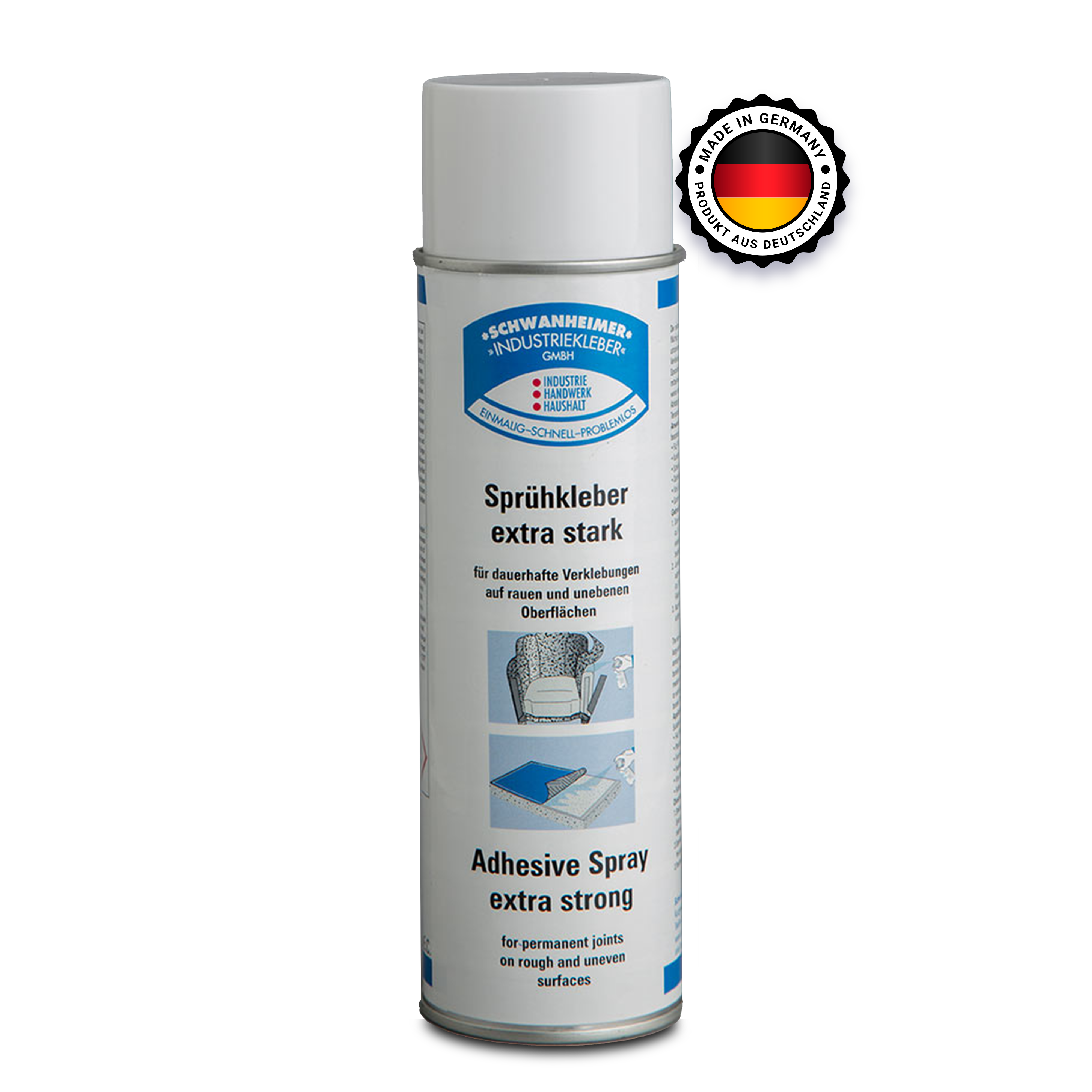 Schwanheimer Sprühkleber / 500ml (für großflächige Verklebungen) - hitzebeständig, schnelle Anhaftung & extra stark - besonders ergiebiger Sprühkleber für Stoffe, Dachhimmel, Schaumstoff, Teppich, Dämmstoffe, Venyl, Leder uvm.