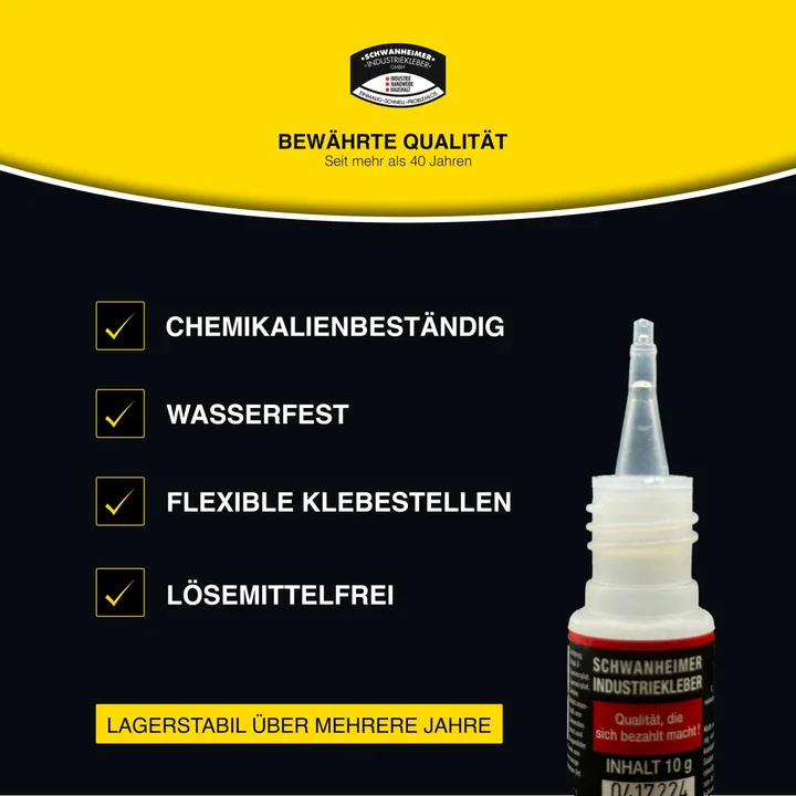 Schwanheimer Industriekleber Nr.100 10g (Niedrigviskos & Glasklar) - hitzebeständig & wasserfest - extra starker lösungsmittelfreier Cyanacrylat Sekundenkleber für Kunststoff, Holz, Metall, Keramik uvm.