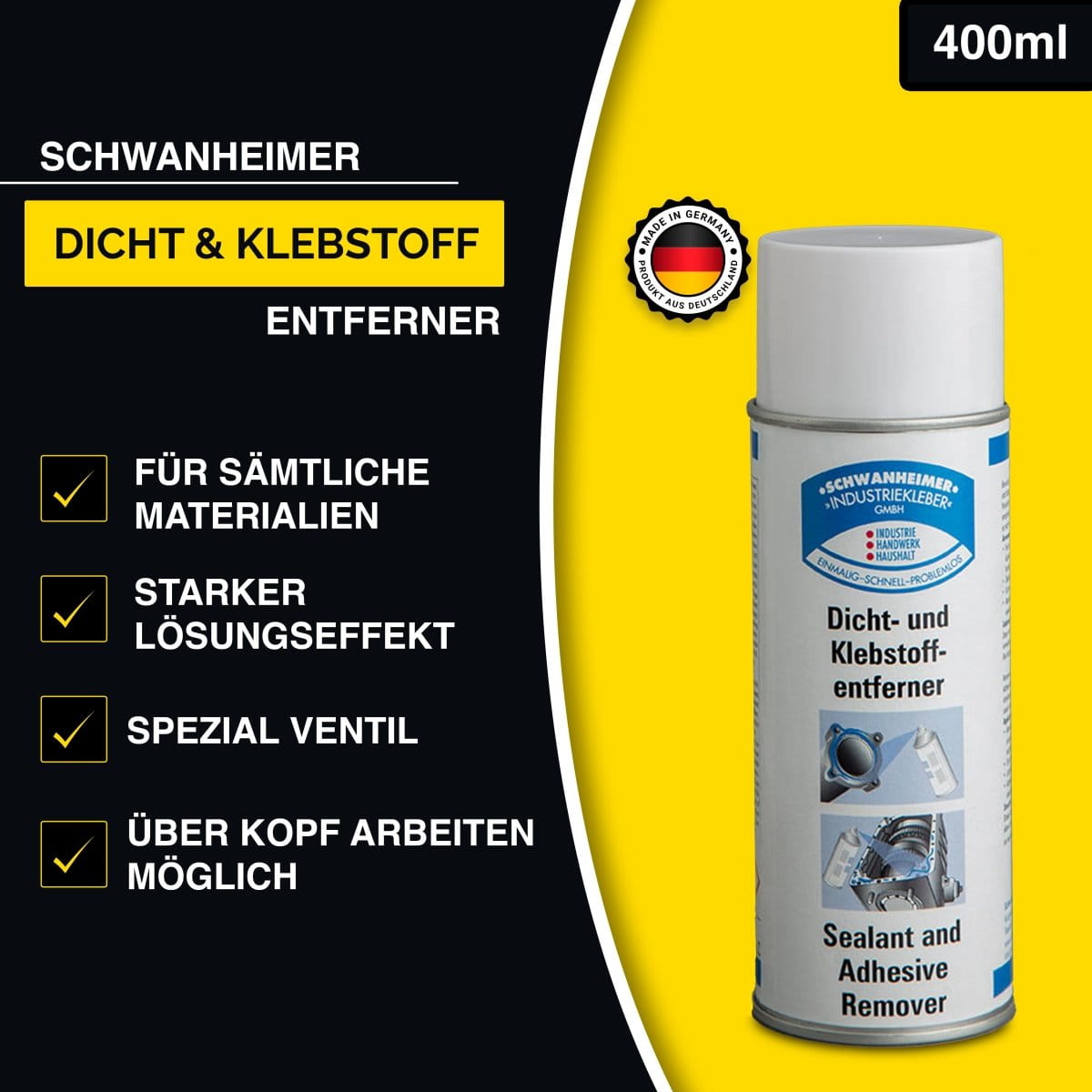 Schwanheimer Klebereste Entferner 400ml (extra stark, schnell & schonend) Sprühentferner für hartnäckige Kleberreste, Aufkleber, PVC Kleber, Lacke Graffiti uvm.