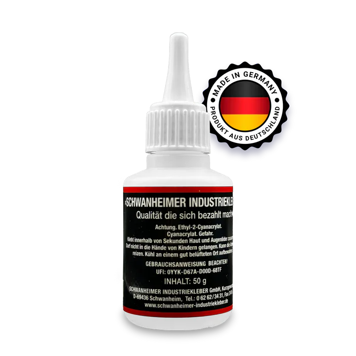 Schwanheimer Industriekleber Nr.100 50g (Niedrigviskos & Glasklar) - hitzebeständig & wasserfest - extra starker lösungsmittelfreier Cyanacrylat Sekundenkleber für Kunststoff, Holz, Metall, Keramik uvm.
