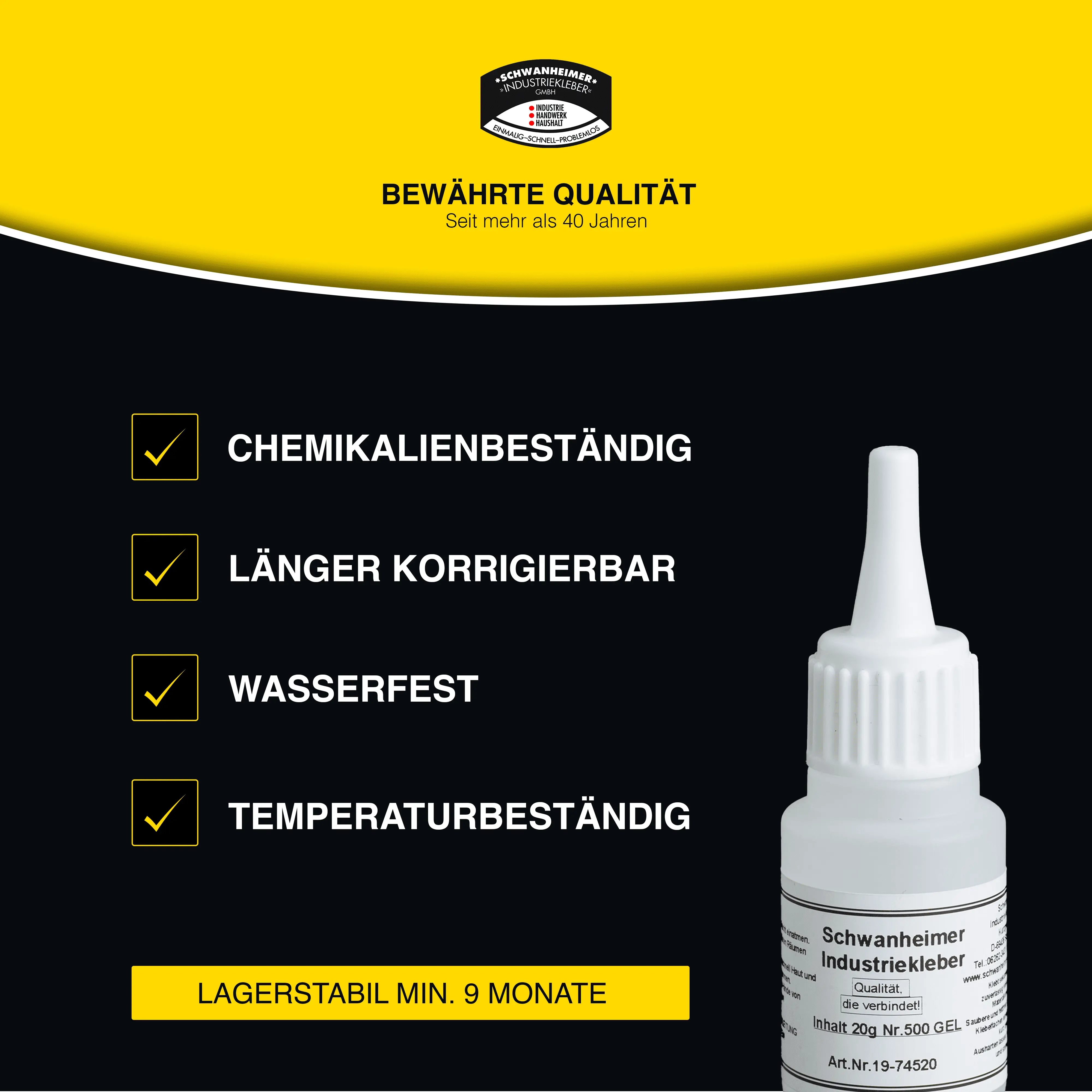 Schwanheimer Industriekleber Gel Nr.500 20g (Hochviskos & Glasklar) - hitzebeständig, wasserfest & spaltenüberbrückend - extra starker lösungsmittelfreier Cyanacrylat Sekundenkleber für Keramik, Porzellan, Metall, Glas uvm.