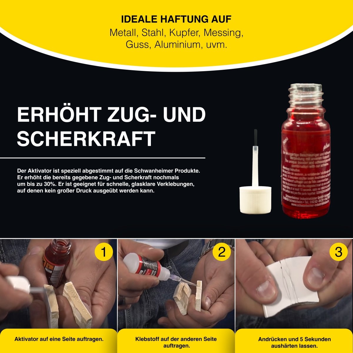 Schwanheimer Aktivator Plus 10ml (Aushärtebeschleuniger & Verstärker - ohne Verfallsdatum) - bombenfeste Aushärtung in Sekundenschnelle & bis zu 30% mehr Zug- und Scherkraft auf jede Klebung