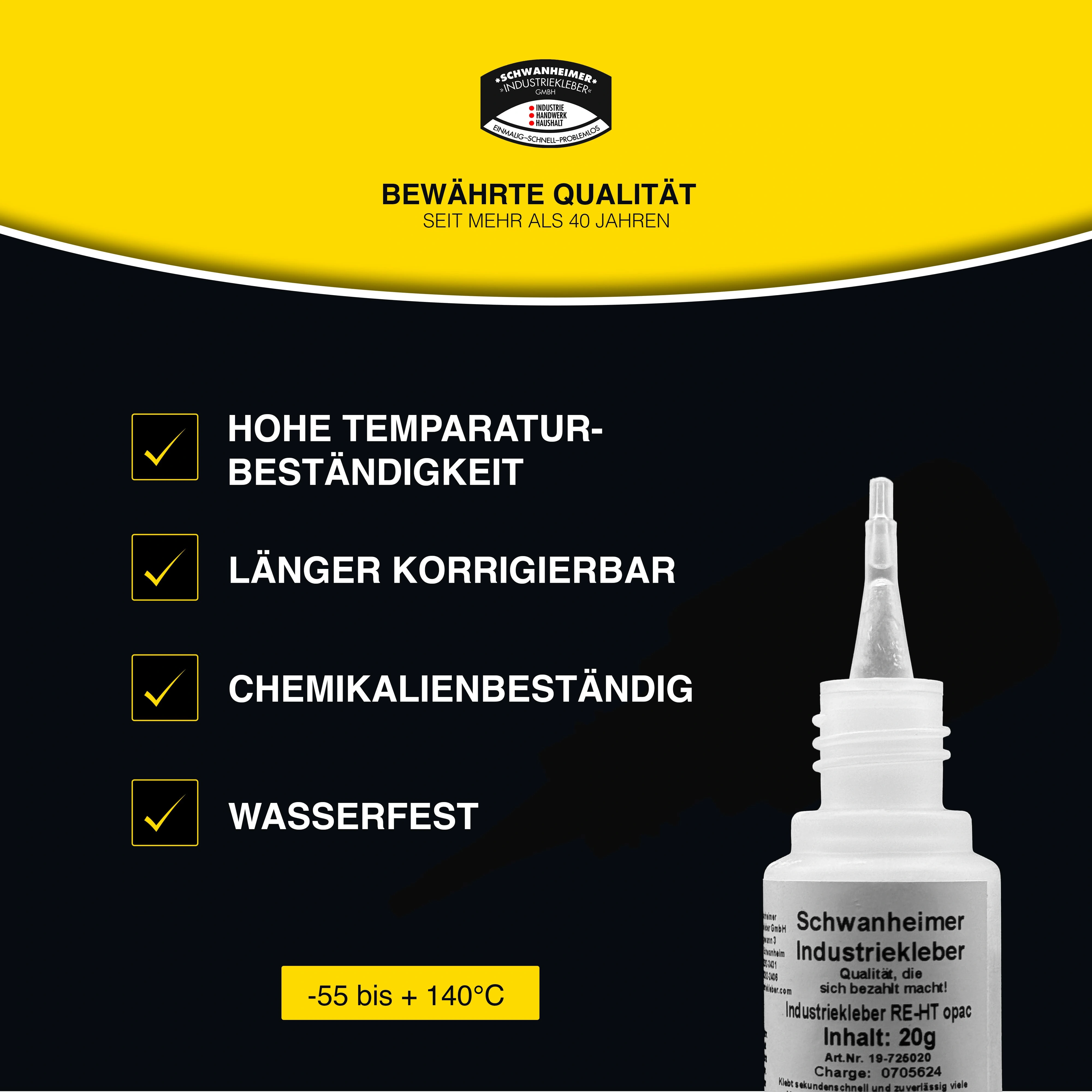 Schwanheimer Industriekleber RE-HT Opac 20g (Hochviskos/ Restelastisch/ Glasklar) - hitzebeständig bis 140°C, flexibel & wasserfest - extra starker lösungsmittelfreier Cyanacrylat Sekundenkleber für Kunststoff, Glas, Metall, Leder, Schuhe uvm.