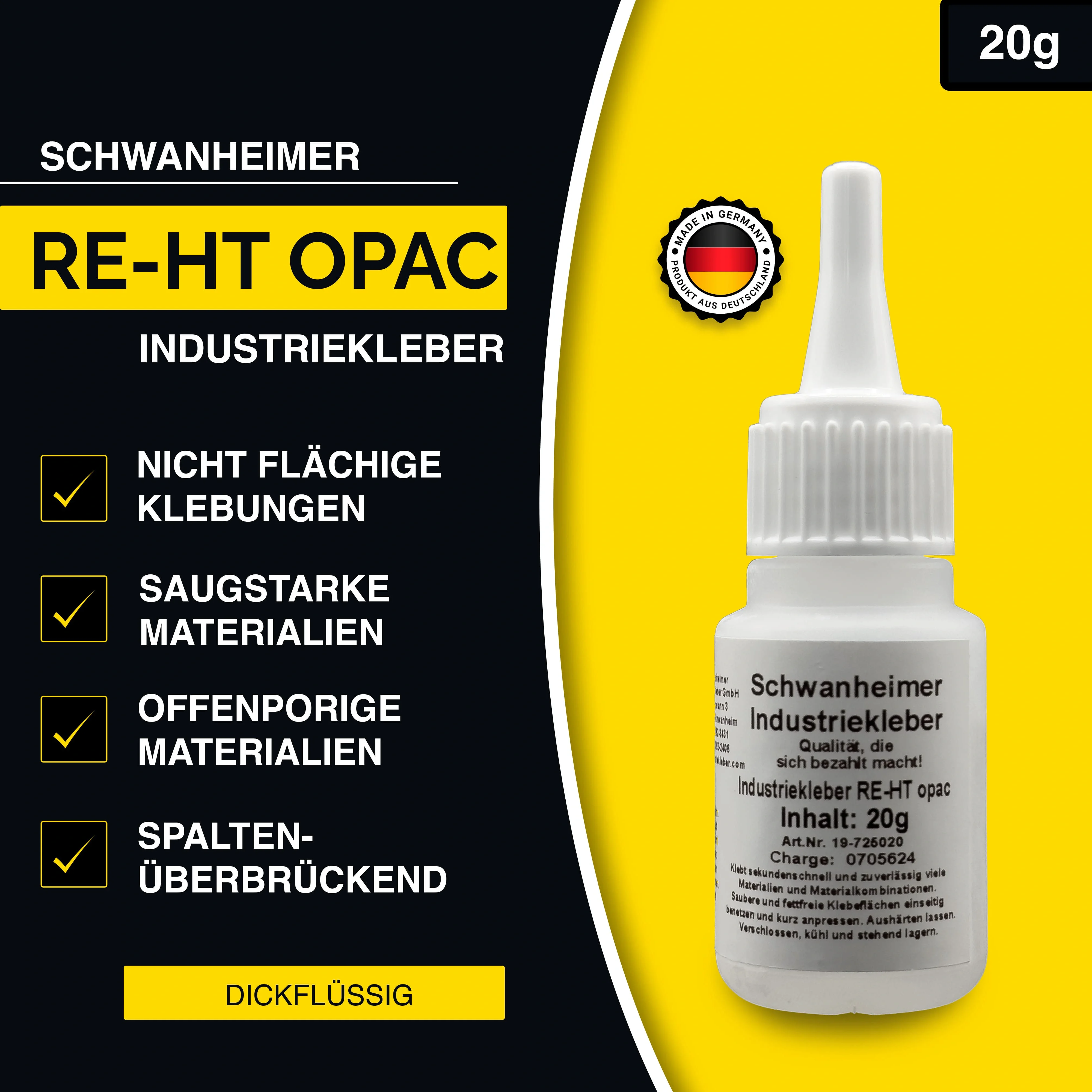 Schwanheimer Industriekleber RE-HT Opac 20g (Hochviskos/ Restelastisch/ Glasklar) - hitzebeständig bis 140°C, flexibel & wasserfest - extra starker lösungsmittelfreier Cyanacrylat Sekundenkleber für Kunststoff, Glas, Metall, Leder, Schuhe uvm.