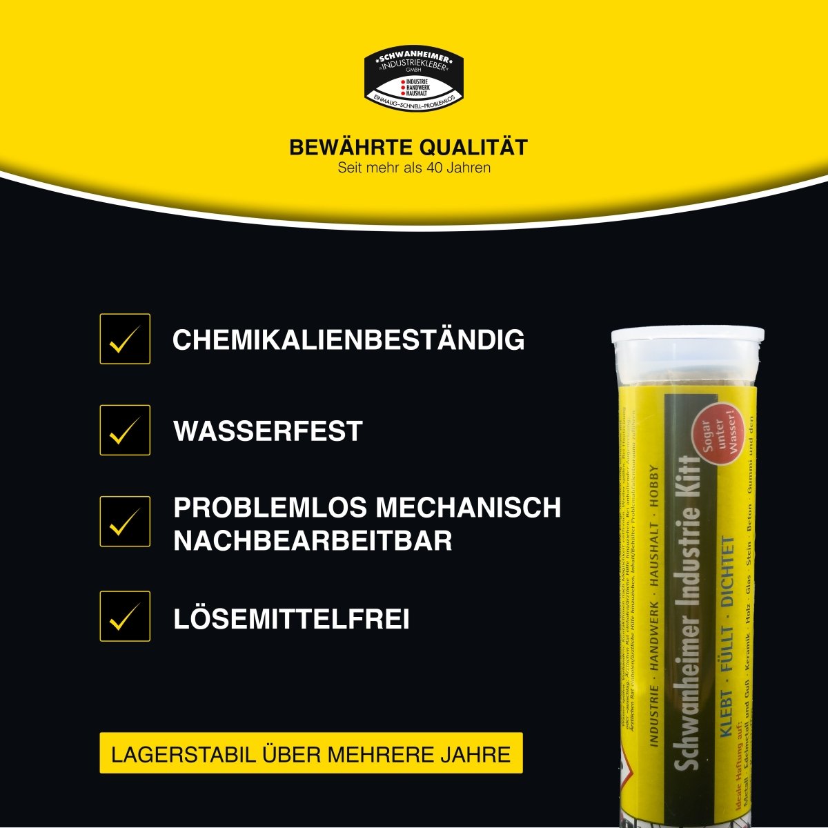 Schwanheimer Industriekitt 60g - 2K Kleber hitzebeständig, wasserfest & druckbeständig - extra starker 2k Epoxy Kleber zum kleben, füllen & dichten für Beton, Metall, Holz, Karosserien, Rohre uvm. (60g)