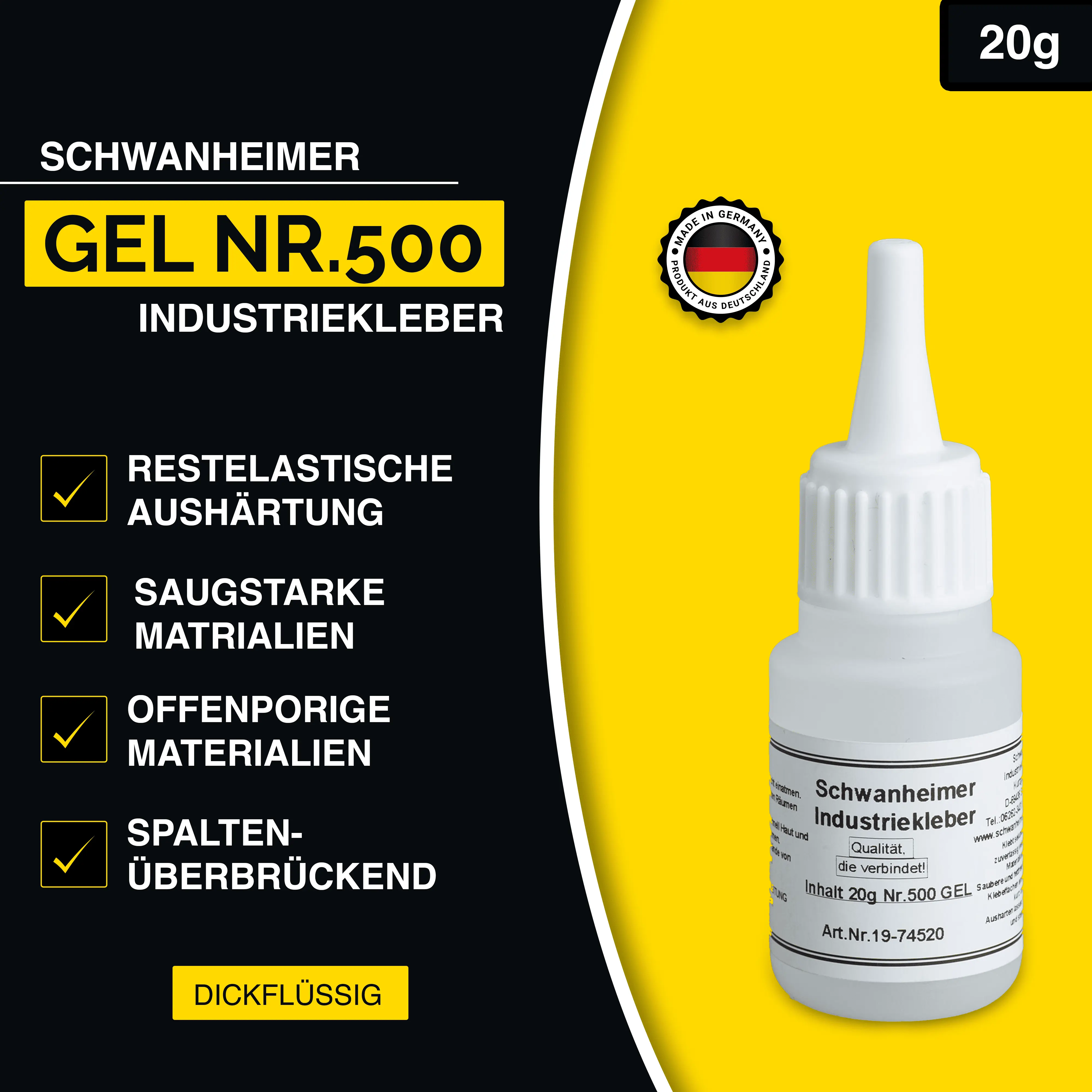 Schwanheimer Industriekleber Gel Nr.500 20g (Hochviskos & Glasklar) - hitzebeständig, wasserfest & spaltenüberbrückend - extra starker lösungsmittelfreier Cyanacrylat Sekundenkleber für Keramik, Porzellan, Metall, Glas uvm.