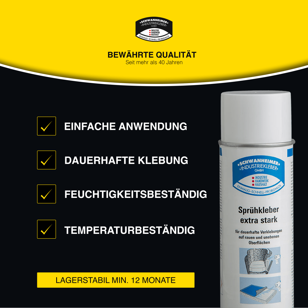 Schwanheimer Sprühkleber / 500ml (für großflächige Verklebungen) - hitzebeständig, schnelle Anhaftung & extra stark - besonders ergiebiger Sprühkleber für Stoffe, Dachhimmel, Schaumstoff, Teppich, Dämmstoffe, Venyl, Leder uvm.