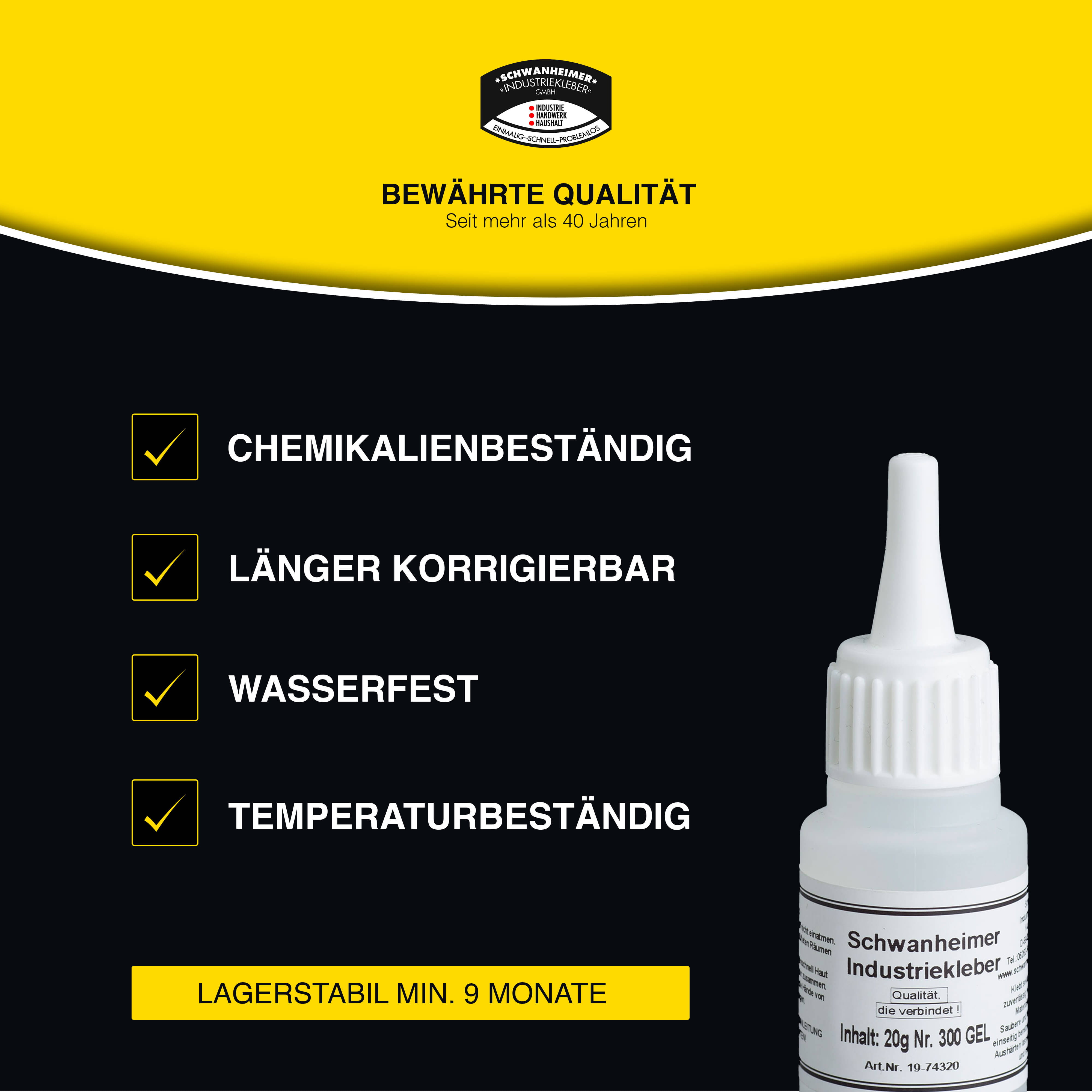 Schwanheimer Industriekleber Gel Nr.300 20g (Mittelviskos & Glasklar) - hitzebeständig, wasserfest & spaltenüberbrückend - extra starker lösungsmittelfreier Cyanacrylat Sekundenkleber für Keramik, Porzellan, Metall, Glas uvm.