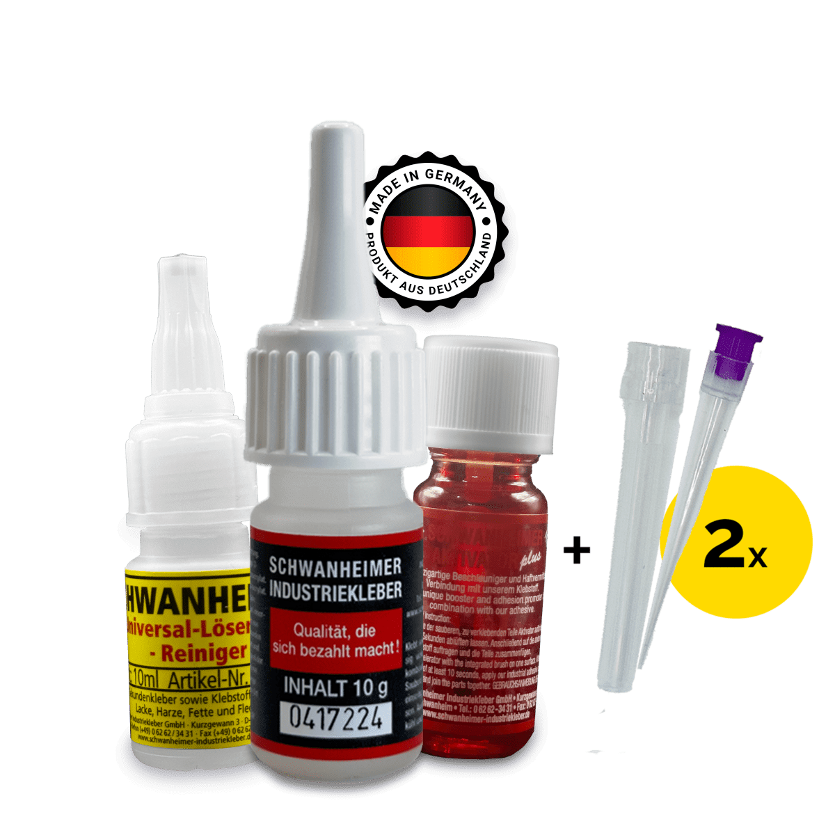 Schwanheimer Schmuckkleber Profi-Set Schwanheimer (Niedrigviskos & Glasklar) - wasserfest & lösemittelfrei - extra starker Cyanacrylat Sekundenkleber + Aktivator Plus (Aushärtebeschleuniger) + Löser/Reiniger - für Glas, Metall, Stein, Perlen, Leder uvm. Schwanheimer - Schmuckkleber Profi - Set Schwanheimer - Wasserfest & Lösemittelfrei - extra starker Cyanacrylat Sekundenkleber (mit Löser/Reiniger) für Glas, Metall, Stein, Perlen, Leder uvm. (Niedrigviskos) - KleberKompass