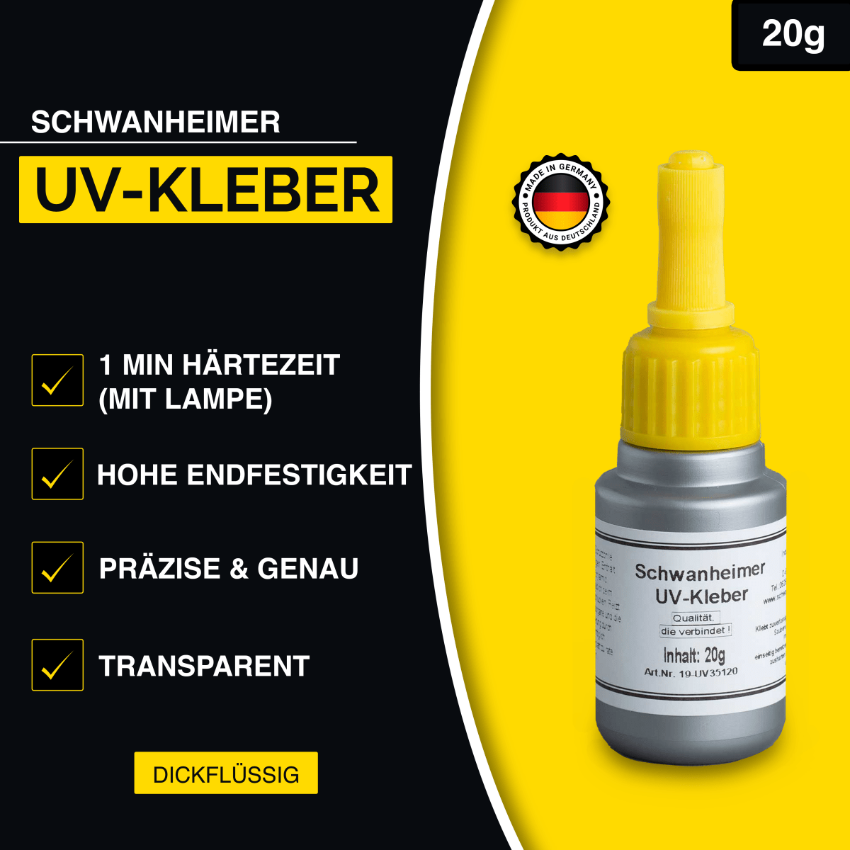 Schwanheimer UV Kleber 20g (Mittelviskos / Glasklar) - extra Stark, kurze Härtezeiten & exakte Verarbeitung - glasklarer UV Kleber für Verbindungen mit Glas oder Acryglas z.B. Metall-Glas, Acrylglas-Kunstoff uvm.