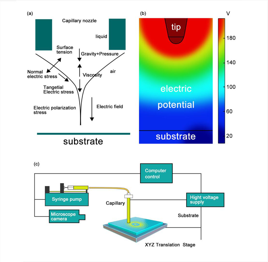 Herstellerbild MBT zum EHD-Prinzip: Kräfte an der Kapillarspitze, elektrisches Potenzial zwischen Spitze und Substrat, Laboraufbau mit Spritzenpumpe, Kapillare, Hochspannungsversorgung, Kamera und XYZ-Tisch