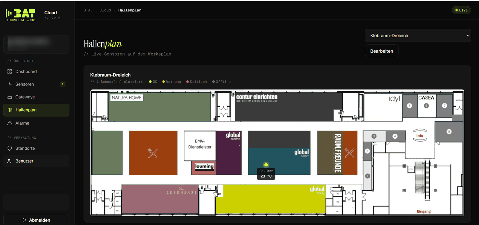 BAT Cloud: Hallenplan mit Sensoren als farbige Statuspunkte
