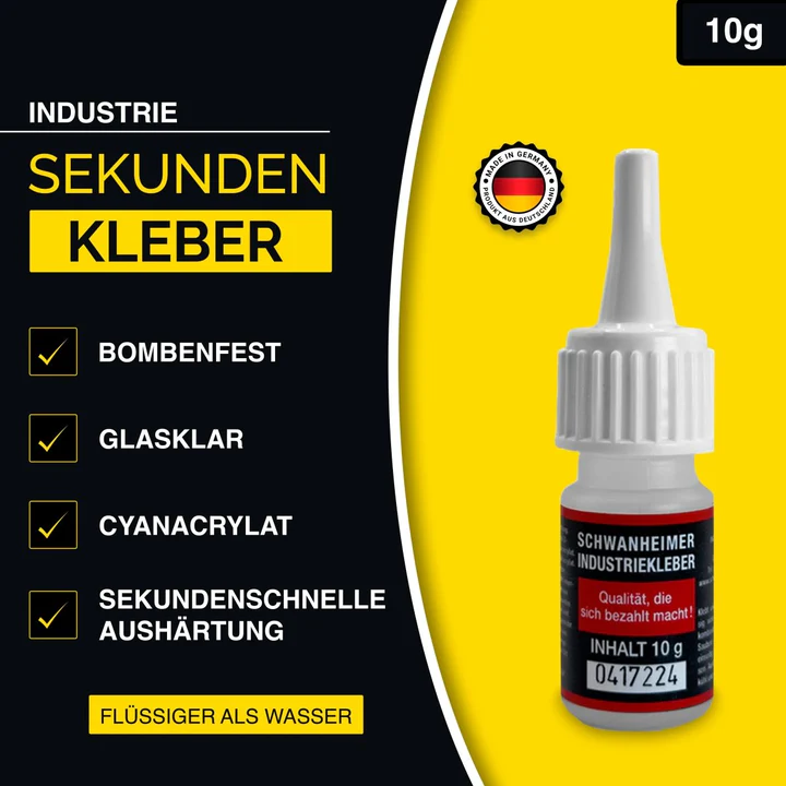 Schwanheimer Industriekleber Nr.100 10g (Niedrigviskos & Glasklar) - hitzebeständig & wasserfest - extra starker lösungsmittelfreier Cyanacrylat Sekundenkleber für Kunststoff, Holz, Metall, Keramik uvm.