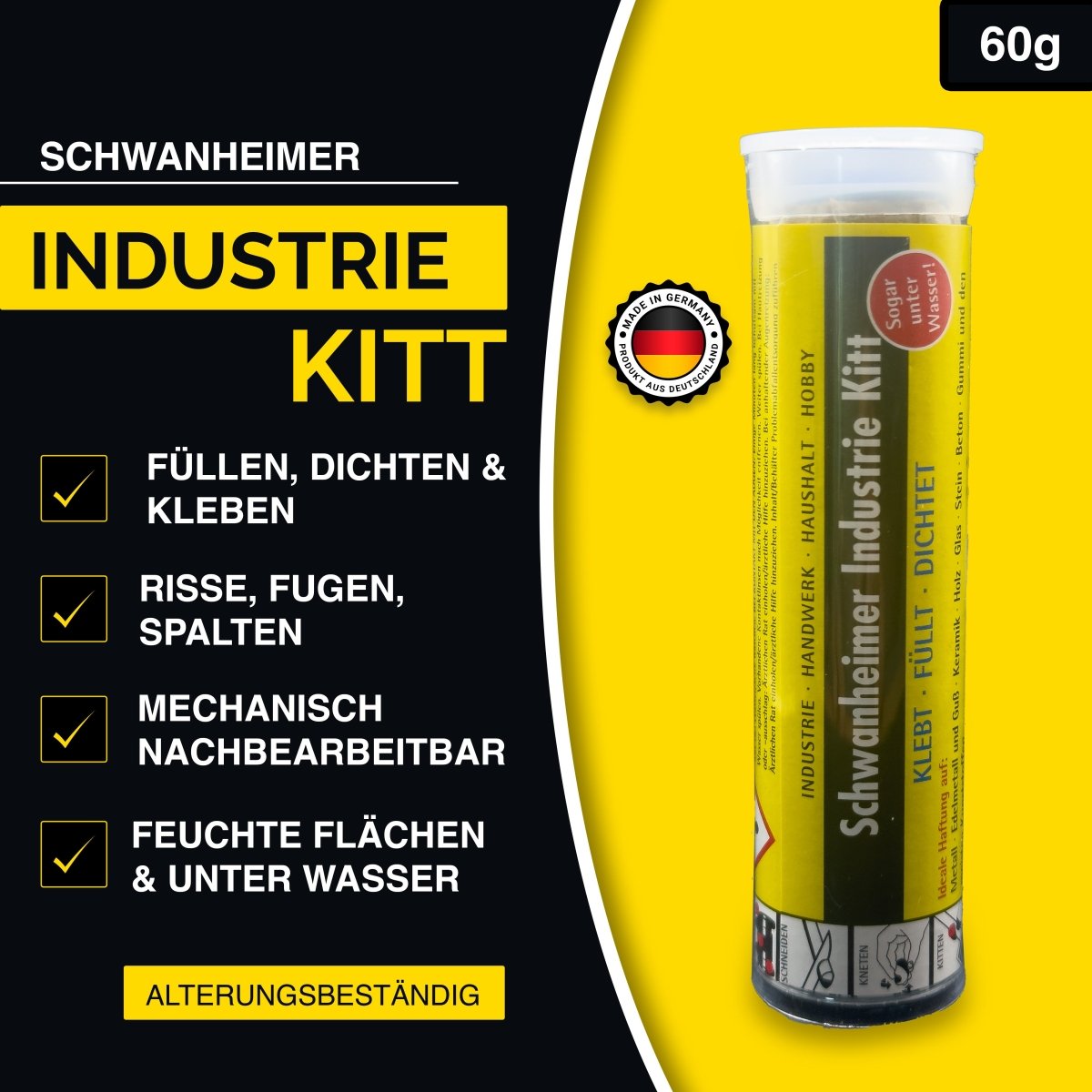 Schwanheimer Industriekitt 60g - 2K Kleber hitzebeständig, wasserfest & druckbeständig - extra starker 2k Epoxy Kleber zum kleben, füllen & dichten für Beton, Metall, Holz, Karosserien, Rohre uvm. (60g)