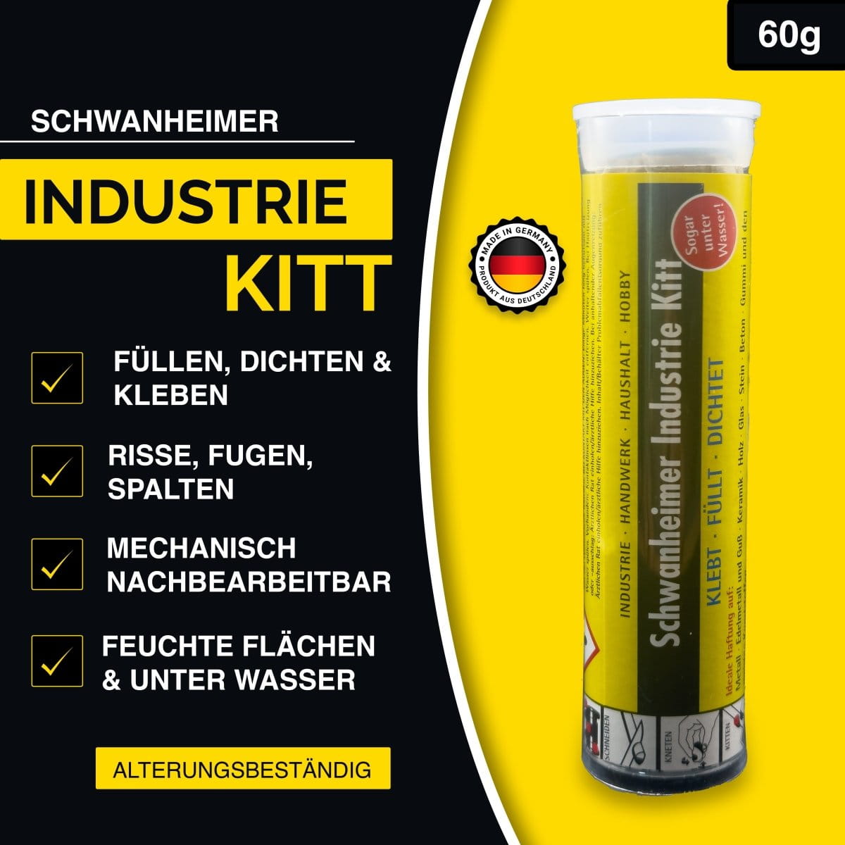 Schwanheimer Industriekitt 60g - 2K Kleber hitzebeständig, wasserfest & druckbeständig - extra starker 2k Epoxy Kleber zum kleben, füllen & dichten für Beton, Metall, Holz, Karosserien, Rohre uvm. (60g) Schwanheimer Industriekitt 60g - 2K Kleber hitzebeständig, wasserfest & druckbeständig - extra starker 2k Epoxy Kleber zum kleben, füllen & dichten für Beton, Metall, Holz, Karosserien, Rohre uvm. (60g)