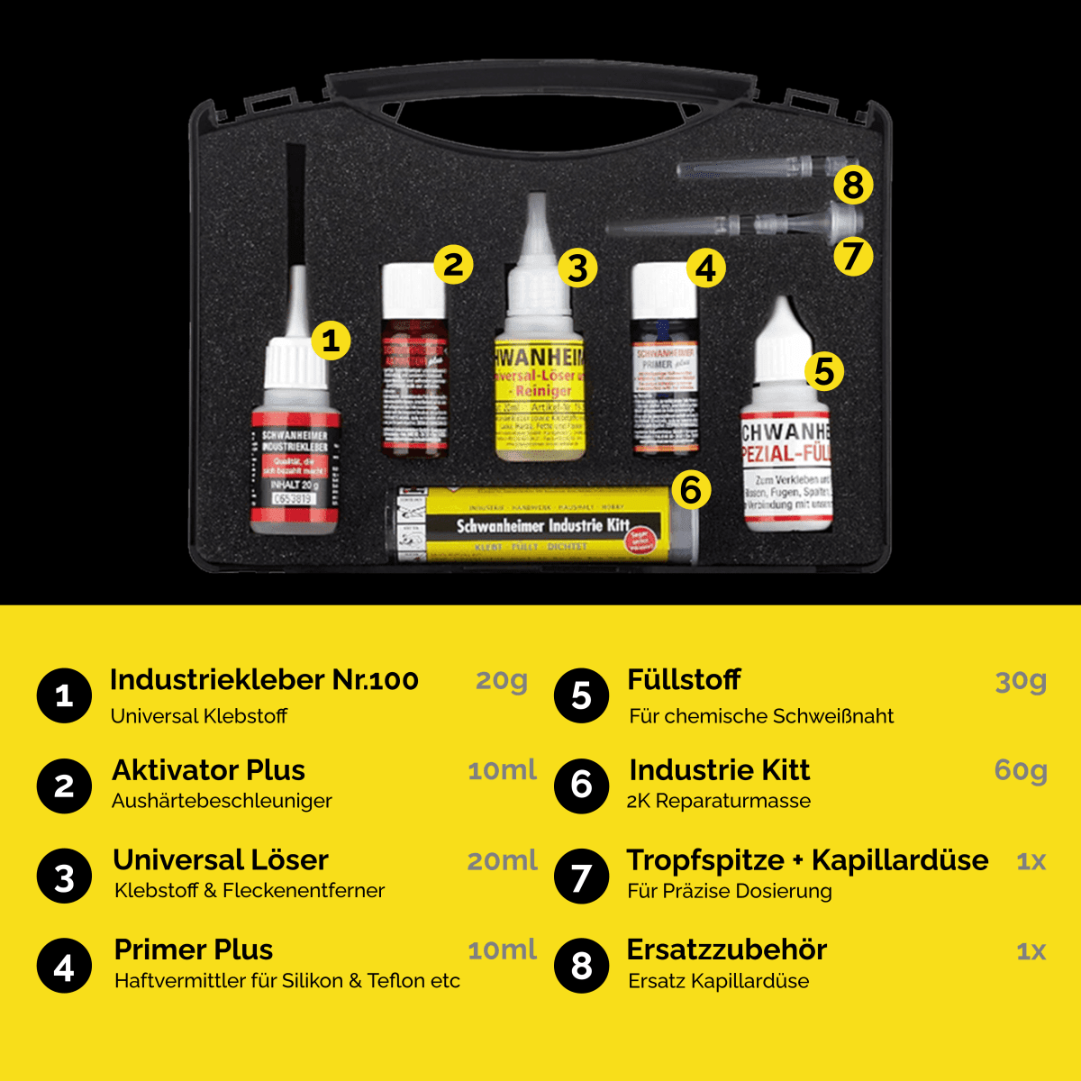 Schwanheimer XXL Klebstoff Koffer 8-Teilig (für professionelle Reparaturen & Montagen jeder Art) - hitzebeständig & wasserfest - extra starkes lösungsmittelfreies Industriekleber Reparatur Set im Koffer für Glas, Metall, Holz, Teflon, Silikon, PE, PP uvm. Schwanheimer XXL Klebstoff Koffer 8-Teilig (für professionelle Reparaturen & Montagen jeder Art) - hitzebeständig & wasserfest - extra starkes lösungsmittelfreies Industriekleber Reparatur Set im Koffer für Glas, Metall, Holz, Teflon, Silikon, PE, PP uvm.